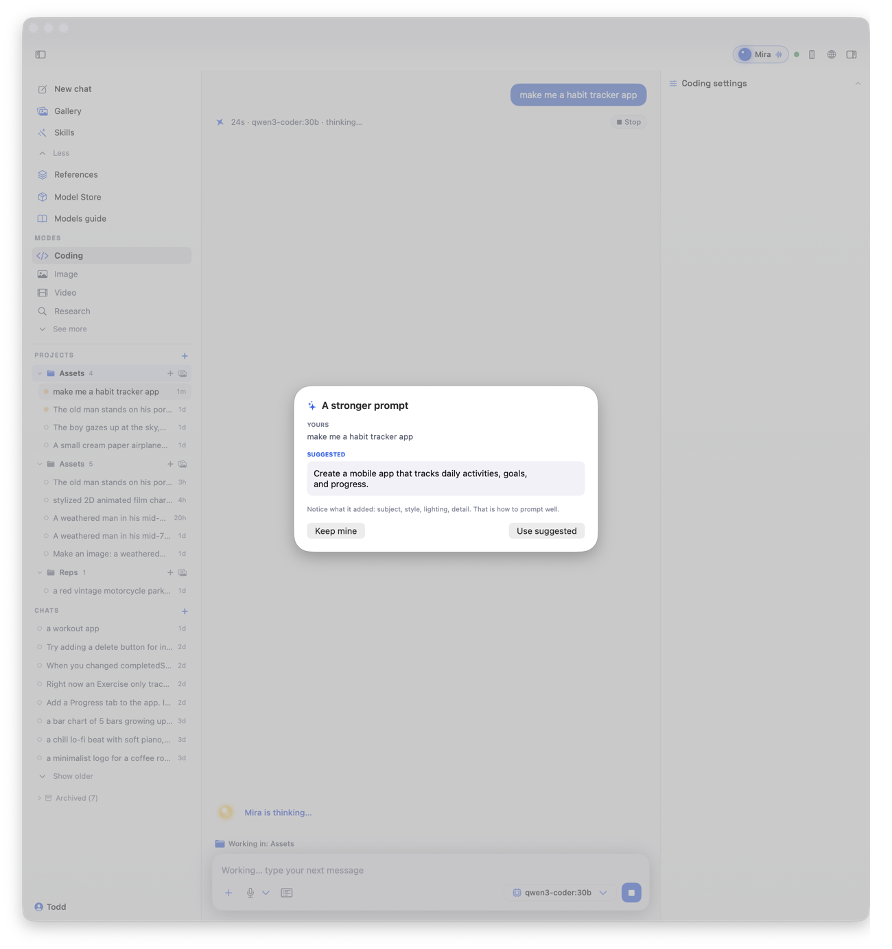 Prompt Coach suggesting a stronger prompt and next steps inside Codewright Studio