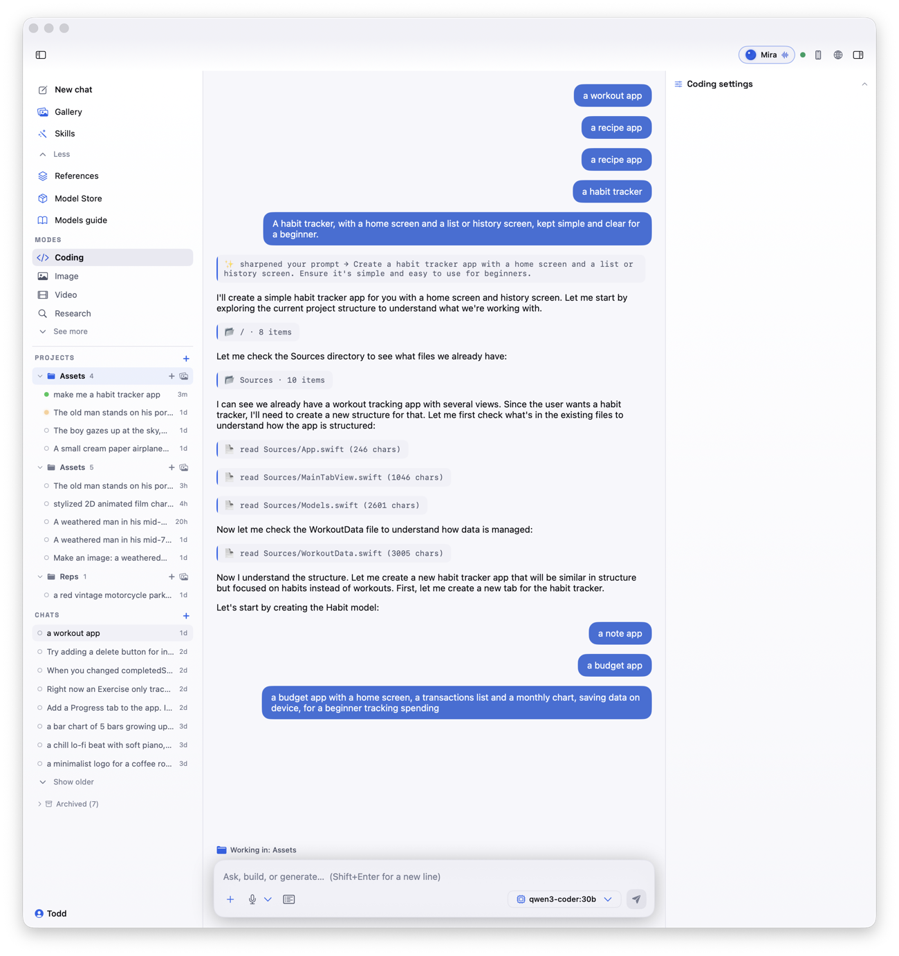 Mira, the built-in assistant, speaking and working inside a Codewright Studio session