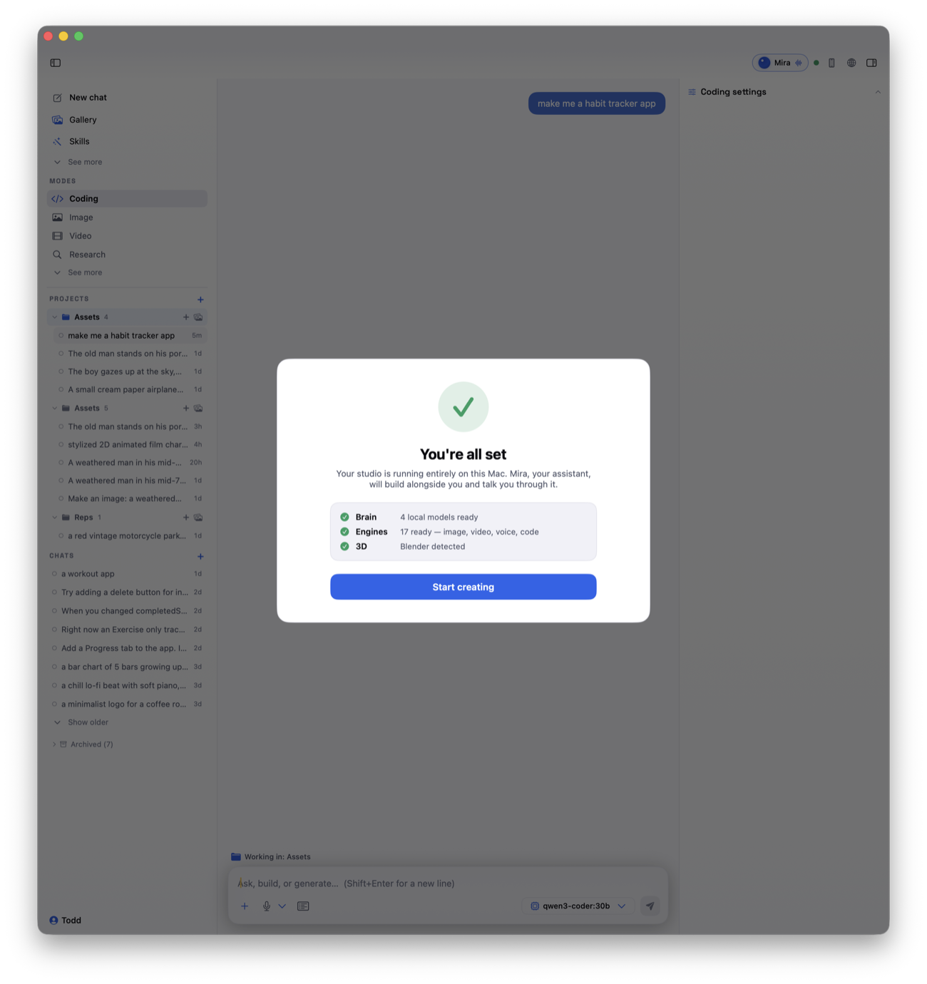 Codewright Studio first-run setup, detecting the Mac and preparing the right models