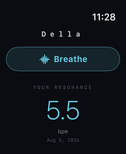 Della on Apple Watch, showing a measured resonant rate of 5.5 breaths per minute