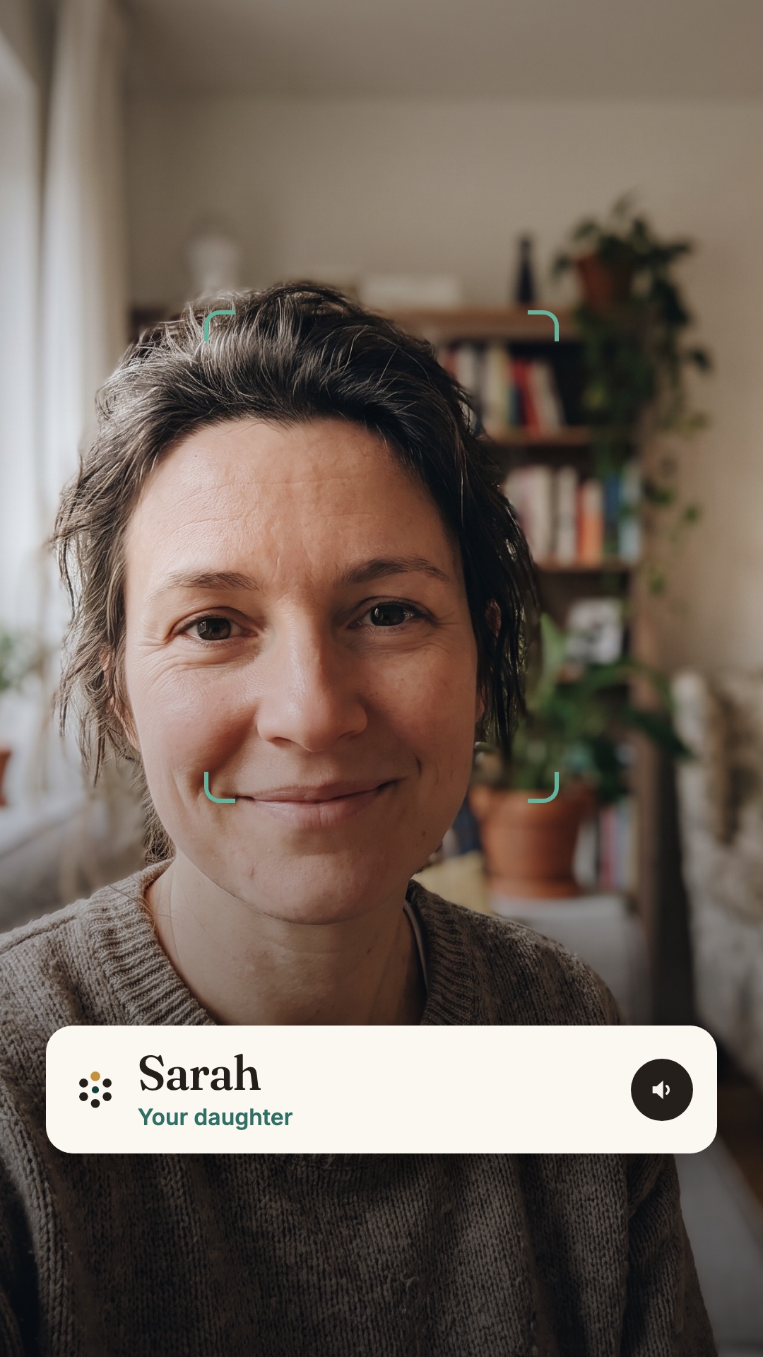 Everkin recognizing a loved one on an iPhone, showing her name and relationship on screen