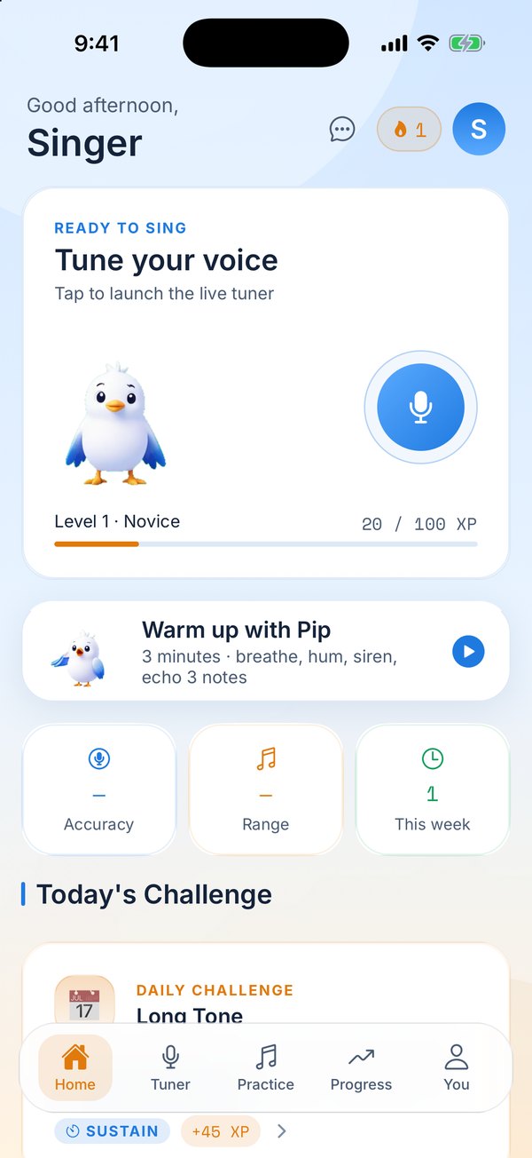 Pitchbird home screen with Pip