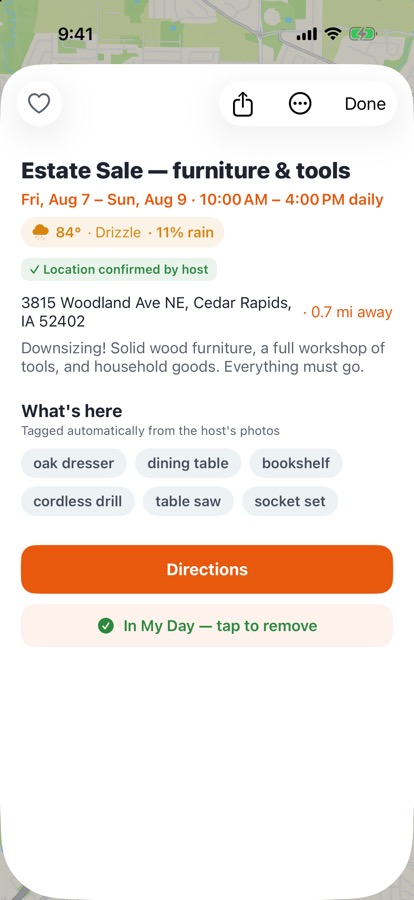 RUMMIJ sale detail with AI-tagged items and weather