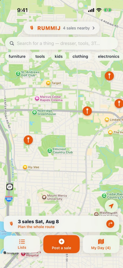 RUMMIJ map showing nearby garage sales